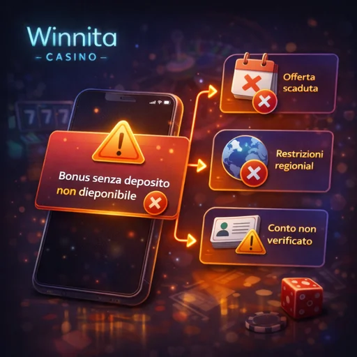 Motivi di non disponibilità dell'offerta senza deposito Winnita con restrizioni regionali, flag dell'account, problemi di cache del browser e limiti della campagna