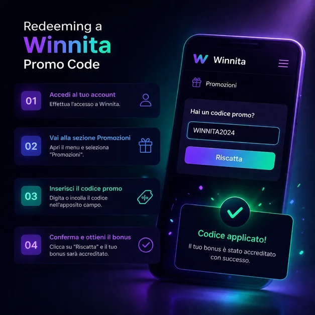 Guida al riscatto del codice promo Winnita con campo di inserimento durante la registrazione, sezione promozioni per account esistenti e conferma dell'attivazione