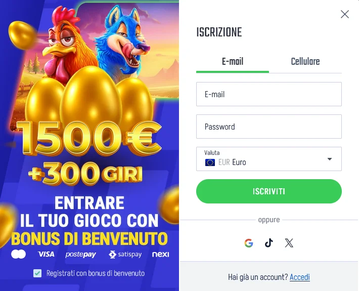 Modulo di registrazione Winnita per giocatori italiani con campi email, password, nome completo, data di nascita, conferma residenza italiana e caricamento documenti