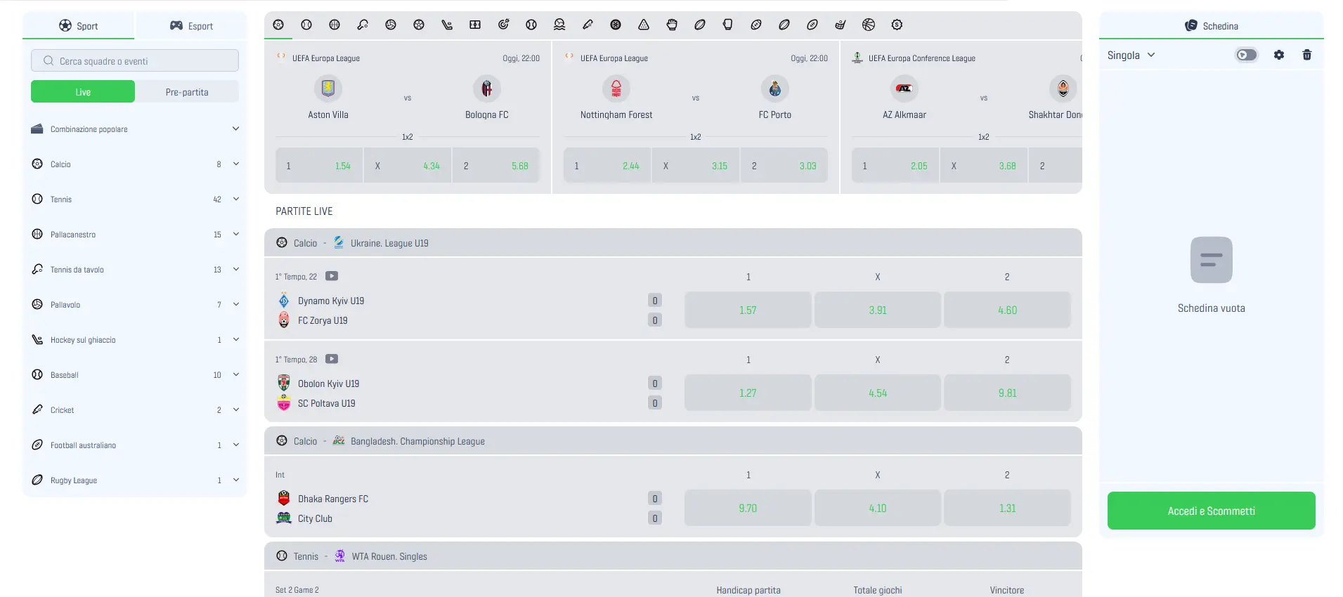 Sportsbook Winnita per scommettitori italiani con copertura Serie A, campionati internazionali, scommesse live, sport virtuali e quote in formato decimale